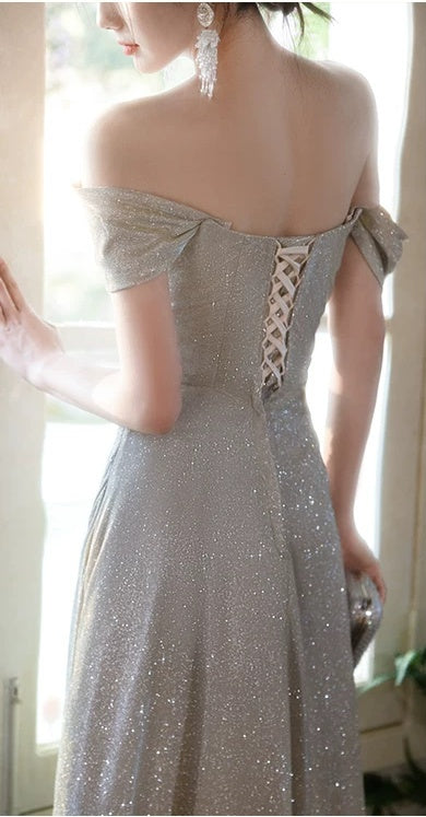 Champagne Sequin Off-Shoulder Ruched Maxi Dress - garment detail