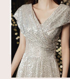 Silver V-Neck Sequin A-Line Maxi Dress - garment detail