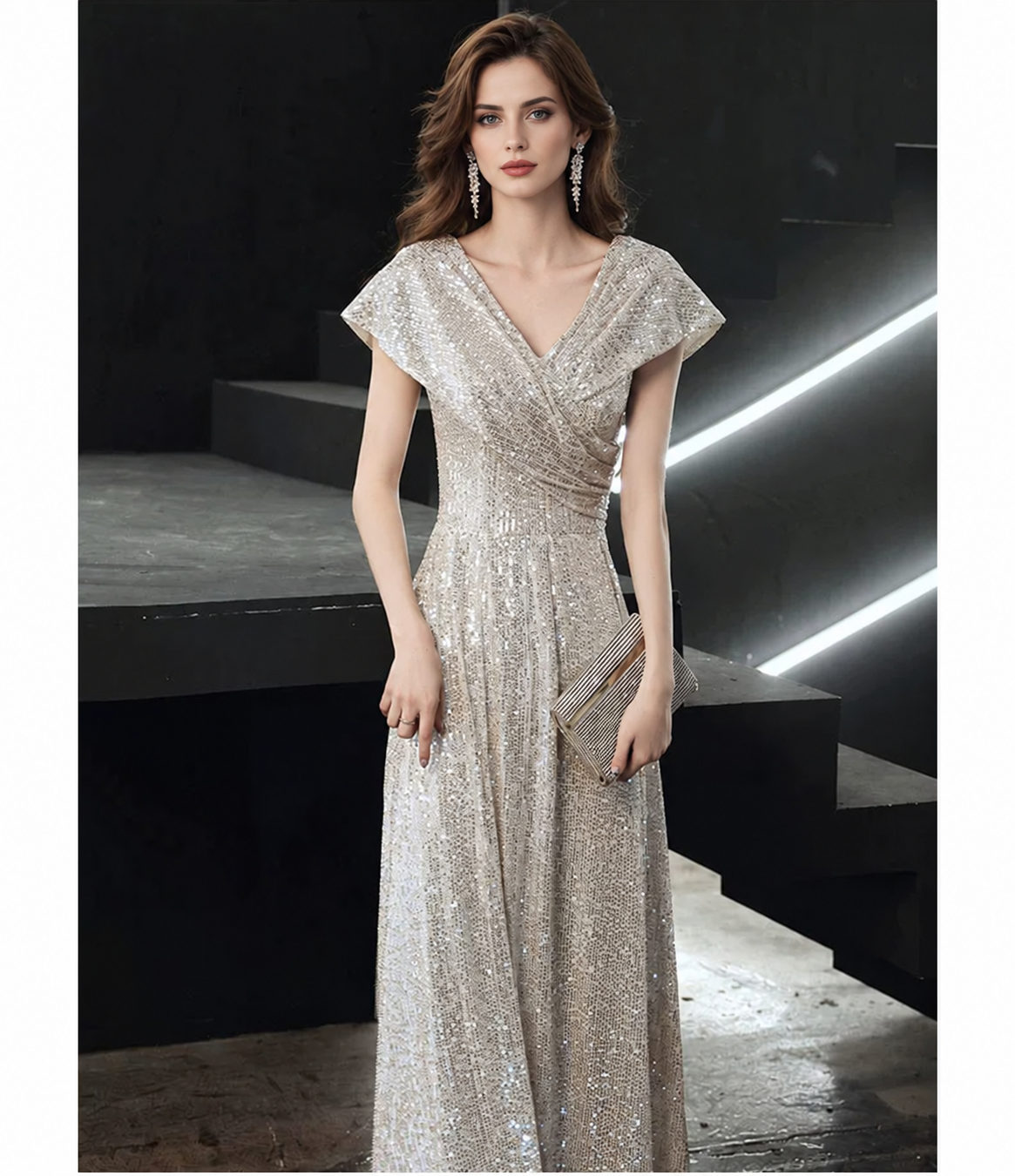 Silver V-Neck Sequin A-Line Maxi Dress - Silver