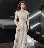 Silver V-Neck Sequin A-Line Maxi Dress - Silver