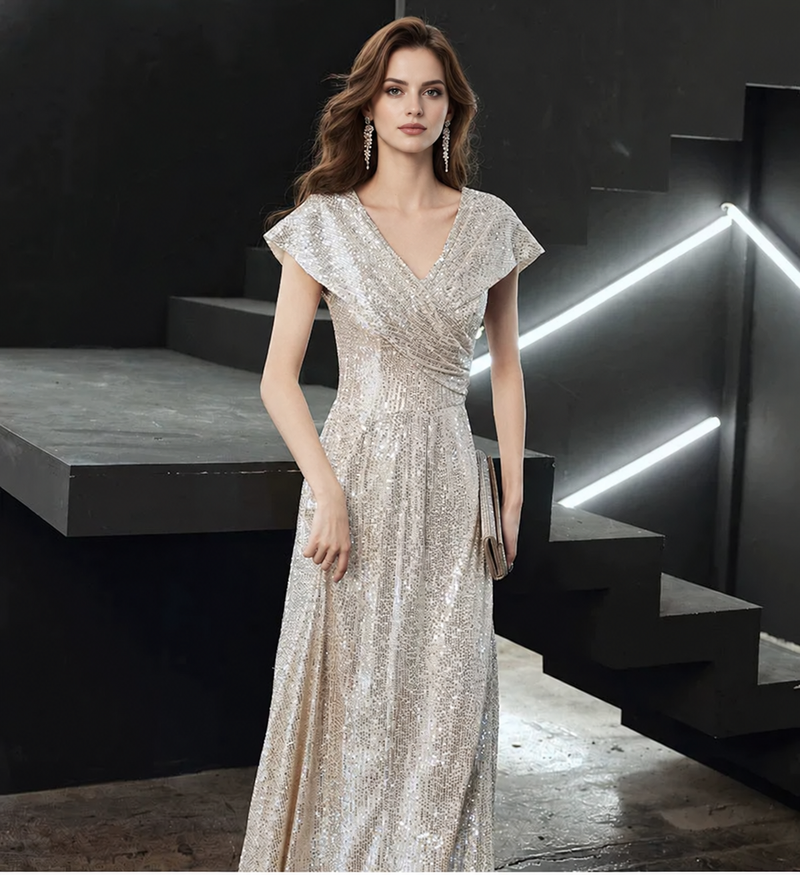 Silver V-Neck Sequin A-Line Maxi Dress - Silver