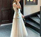 Floral-Applique Sleeveless Tulle Maxi Dress - garment detail