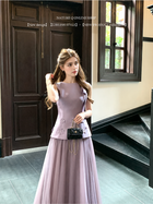 Floral-Applique Sleeveless Tulle Maxi Dress - Lilac