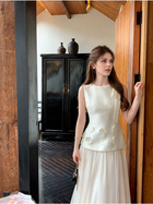 Floral-Applique Sleeveless Tulle Maxi Dress - Pearl White