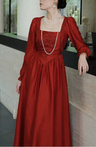 Red Square-Neck Long-Sleeve Ruched Maxi Dress - garment detail