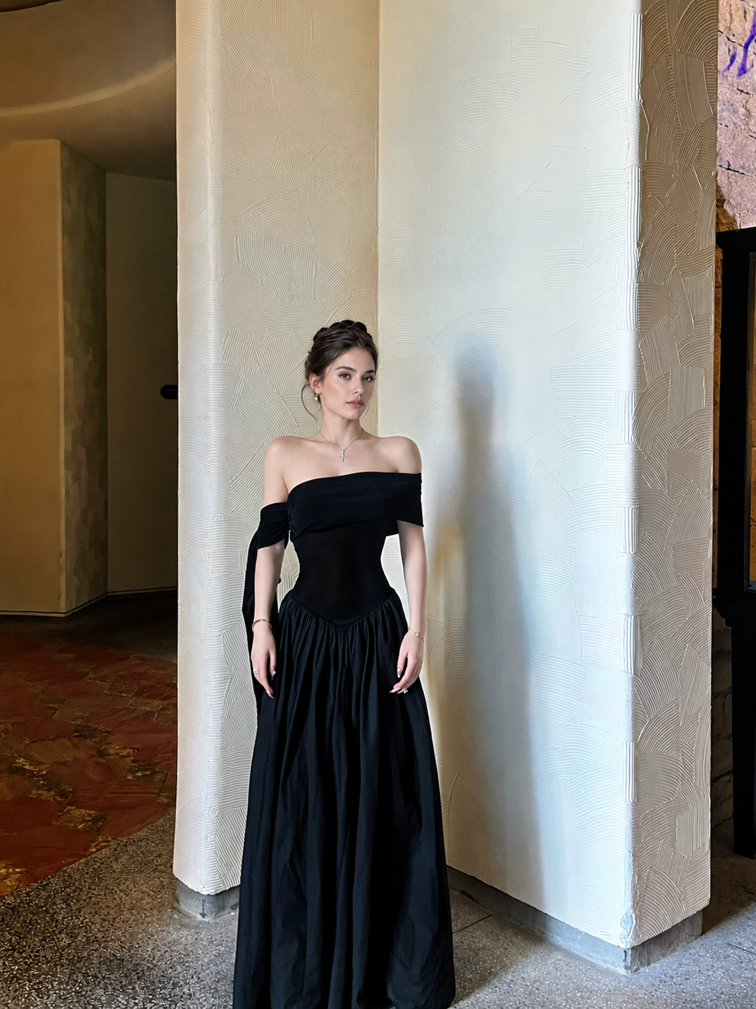 Black Off-Shoulder A-Line Maxi Dress with Scarf - Black