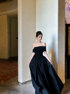 Black Off-Shoulder A-Line Maxi Dress with Scarf - Black