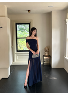 Navy Off Shoulder Ruched Drop Waist Maxi Dress - Navy
