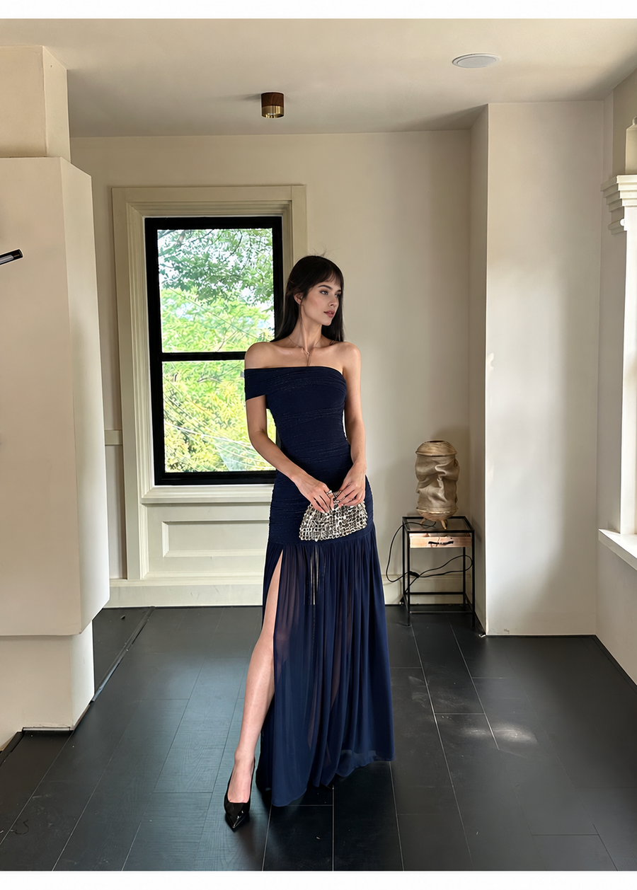 Navy Off Shoulder Ruched Drop Waist Maxi Dress