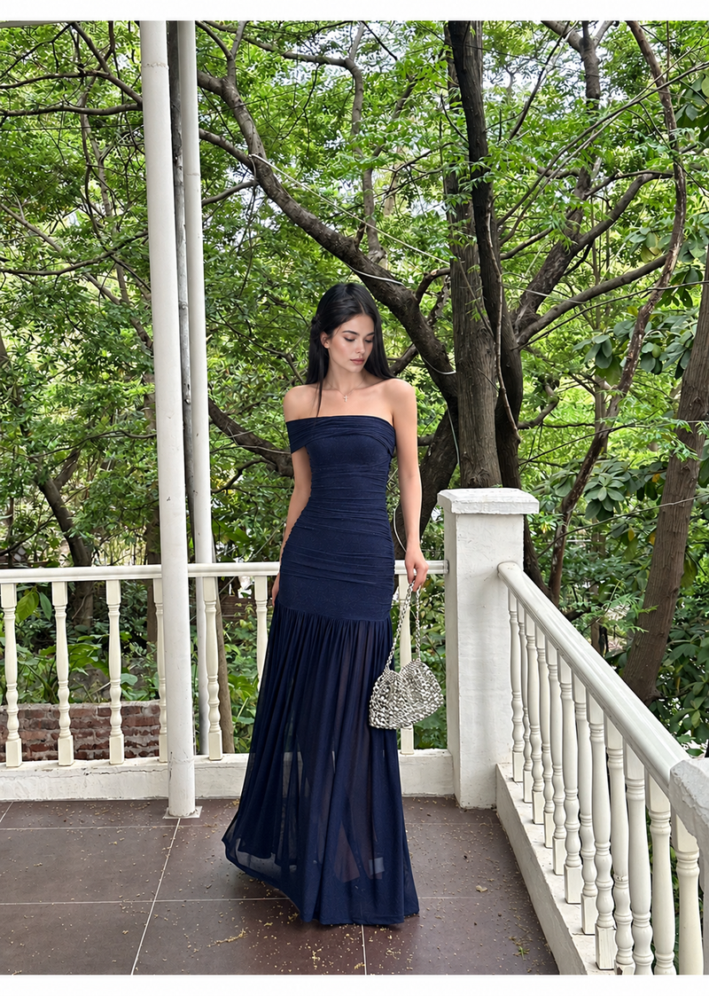 Navy Off Shoulder Ruched Drop Waist Maxi Dress - Navy