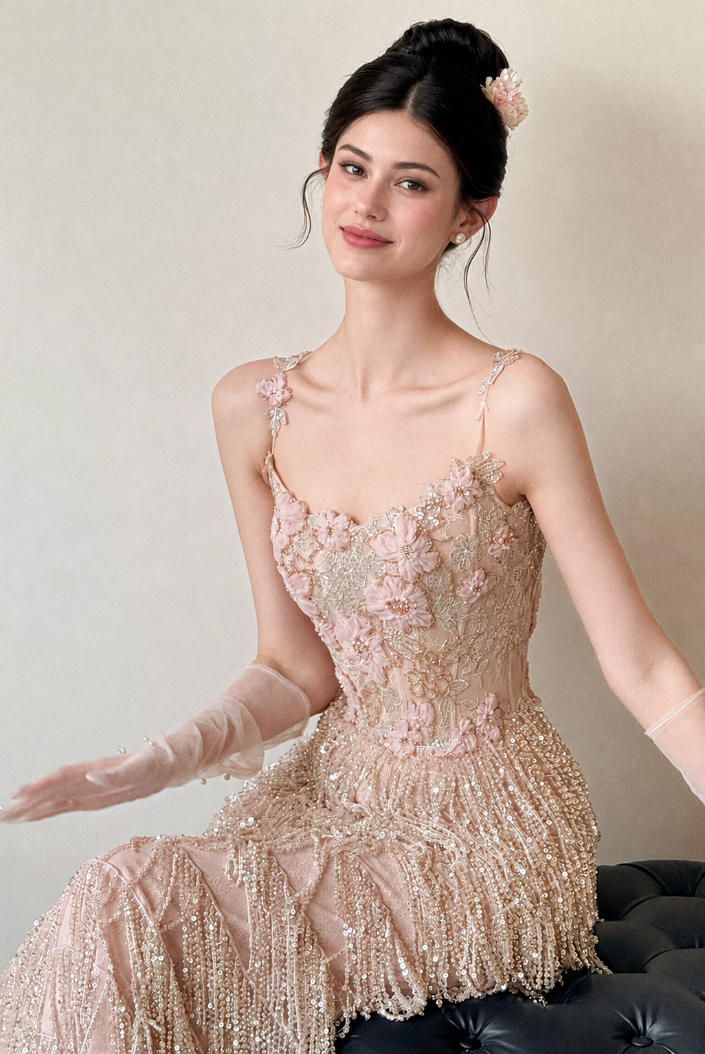 Champagne Fringe Spaghetti-Strap Evening Gown - Champagne