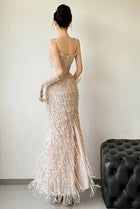 Champagne Fringe Spaghetti-Strap Evening Gown - garment detail