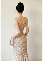 Champagne Fringe Spaghetti-Strap Evening Gown - garment detail