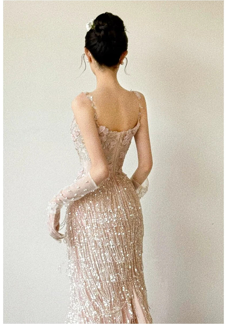 Champagne Fringe Spaghetti-Strap Evening Gown - garment detail