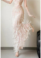 Champagne Fringe Spaghetti-Strap Evening Gown - garment detail