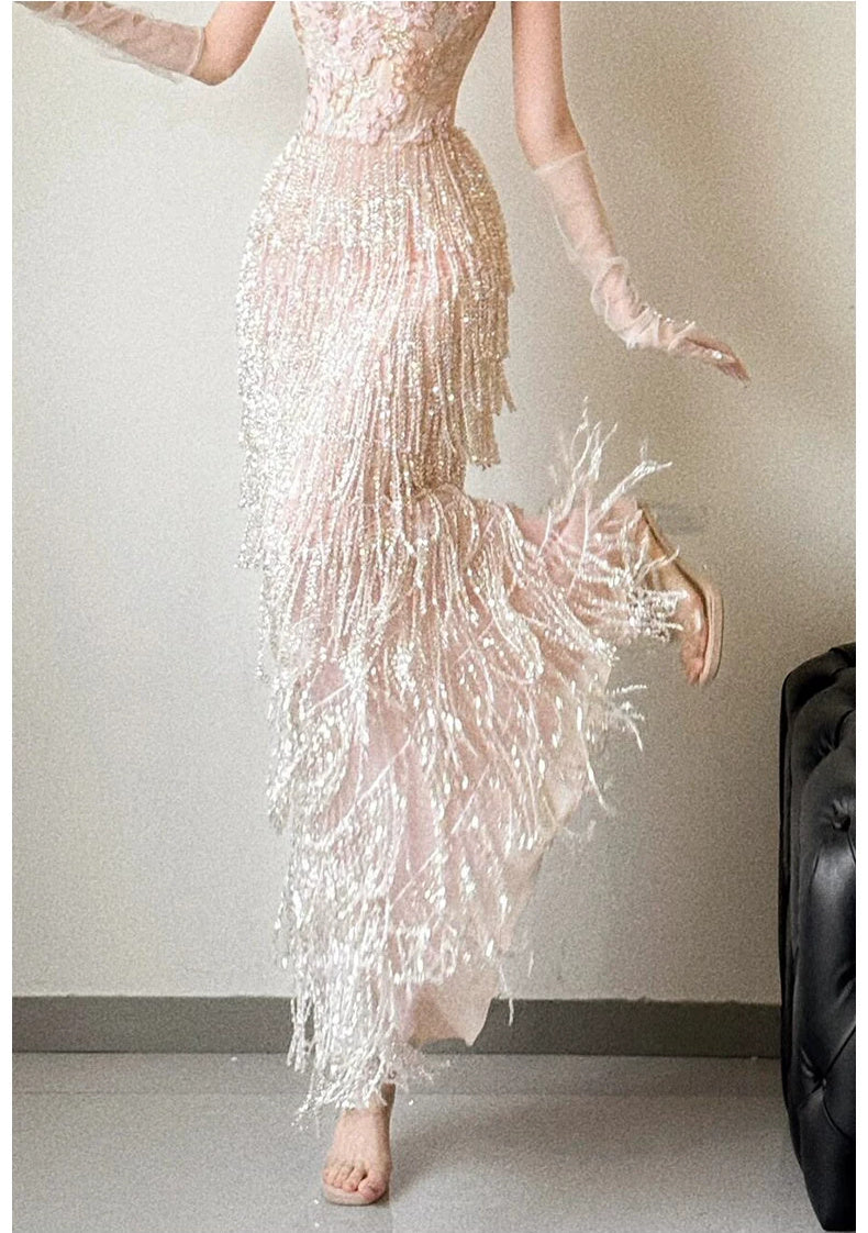 Champagne Fringe Spaghetti-Strap Evening Gown - garment detail