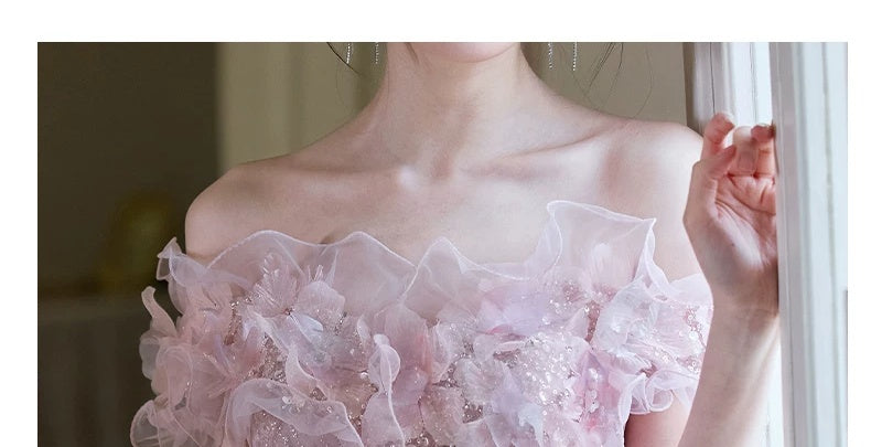 Pink Floral-Applique Short-Sleeve Tulle Maxi Dress - garment detail