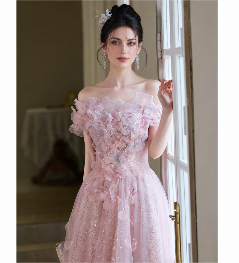 Pink Floral-Applique Short-Sleeve Tulle Maxi Dress - Pink