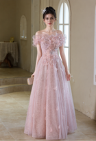 Pink Floral-Applique Short-Sleeve Tulle Maxi Dress - Pink