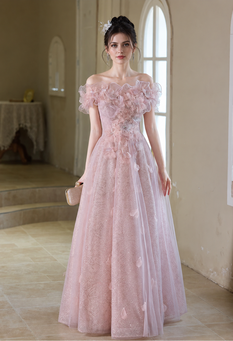 Pink Floral-Applique Short-Sleeve Tulle Maxi Dress - Pink
