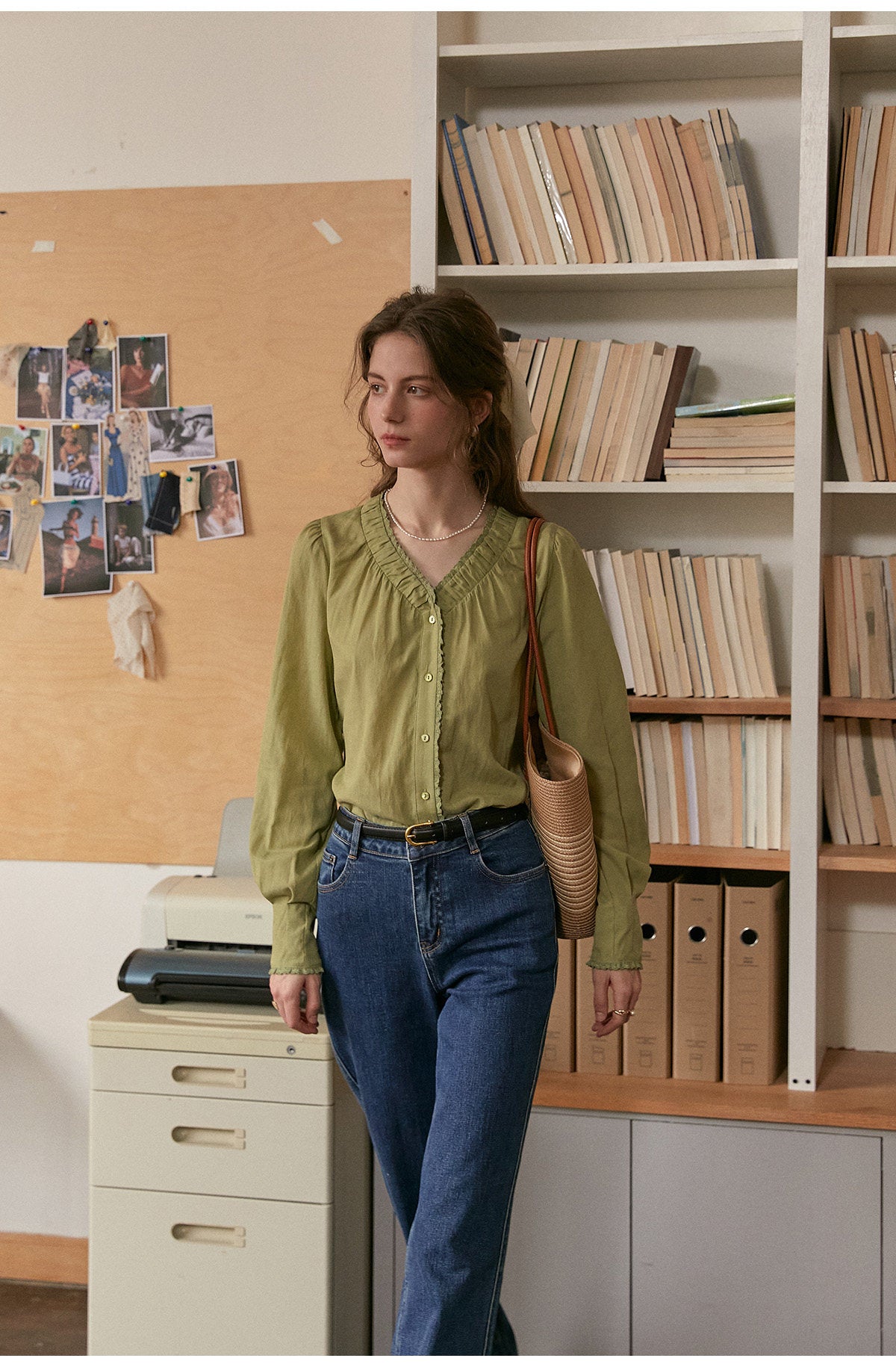 French Ruffled V-Neck Lyocell Linen Blouse
