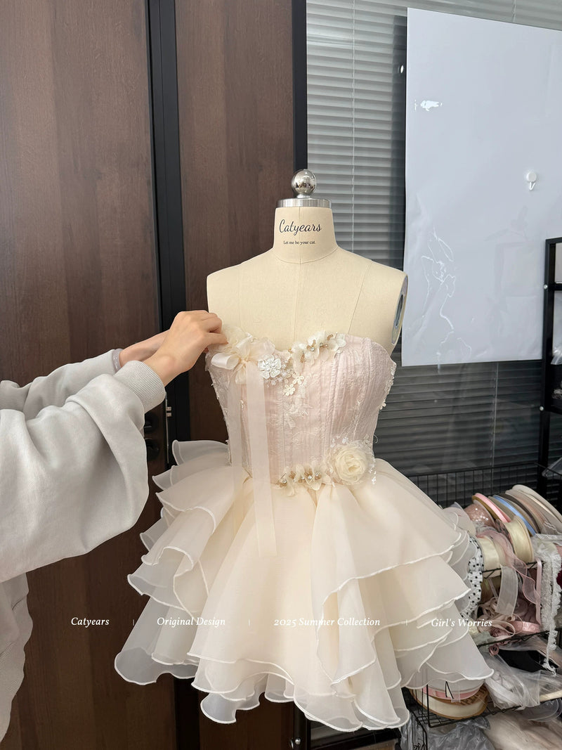 Pink Floral Corset Ruffle Mini Dress - garment detail