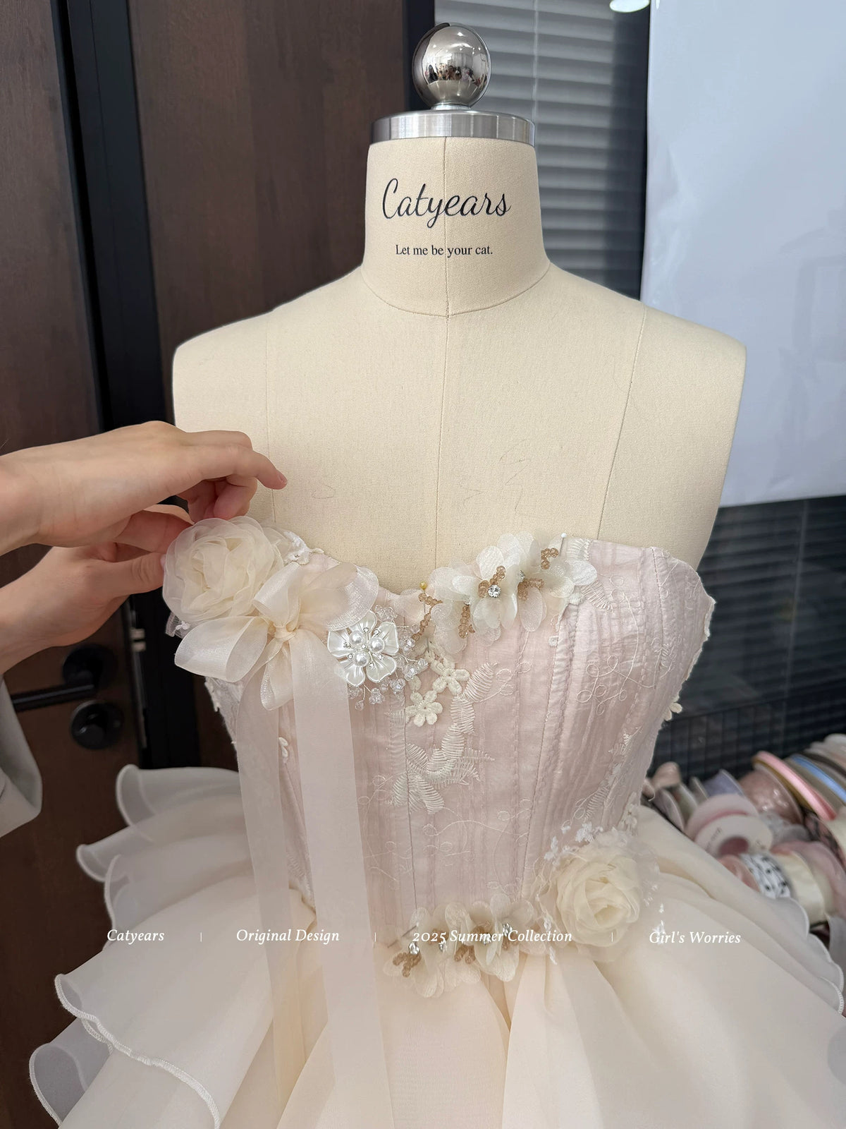 Pink Floral Corset Ruffle Mini Dress - garment detail