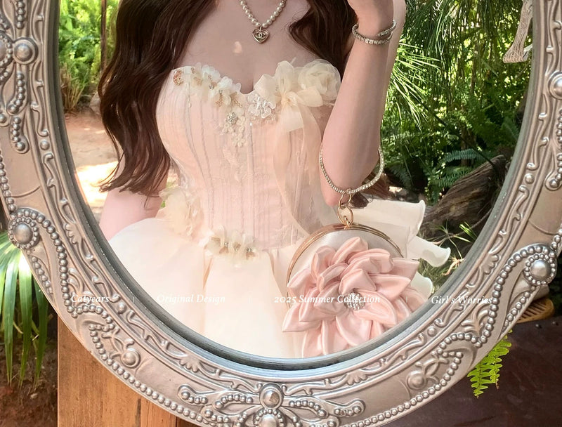 Pink Floral Corset Ruffle Mini Dress - garment detail