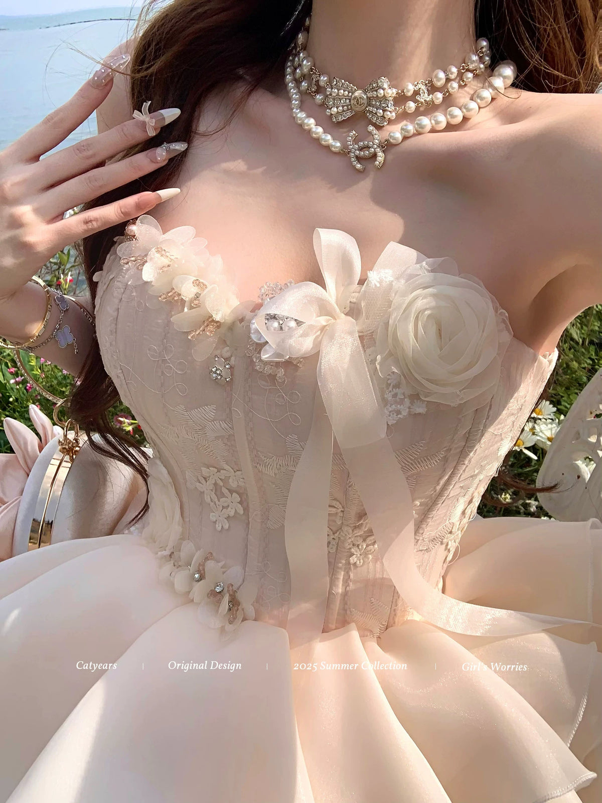 Pink Floral Corset Ruffle Mini Dress - garment detail