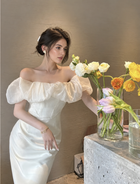 Off-Shoulder Fitted Midi Party Dress - Ivory