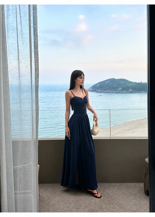 Navy Ruched Corset Spaghetti Strap Maxi Dress - Navy