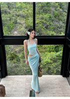 Mint Ruched Mesh Cutout Halter Maxi Dress - Mint