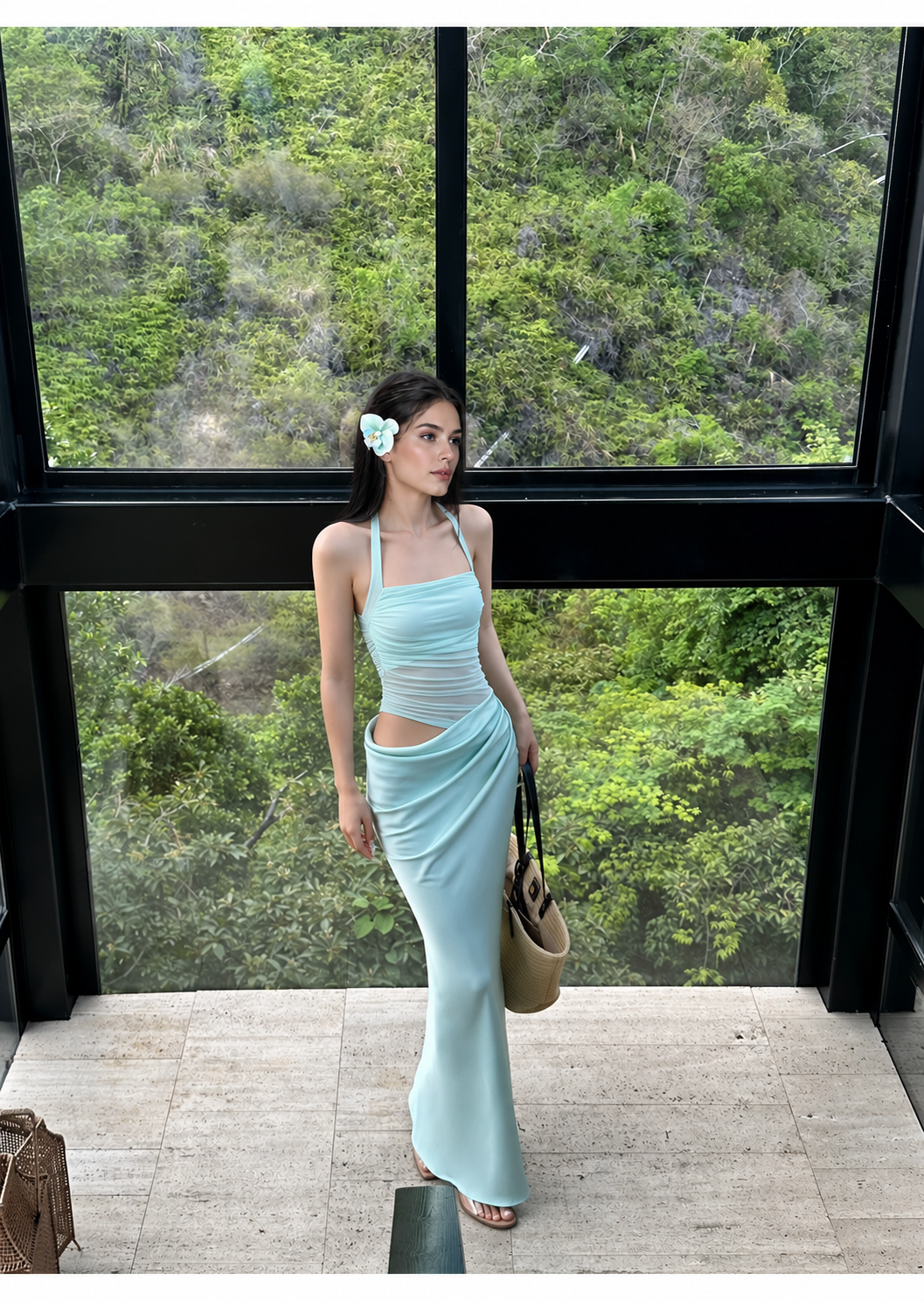 Mint Ruched Mesh Cutout Halter Maxi Dress - Mint