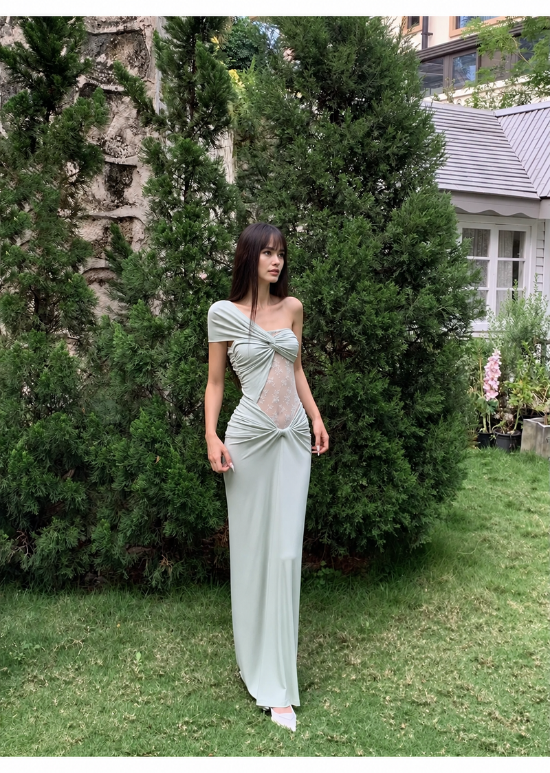 Asymmetric Twist-Front Lace-Panel Maxi Dress — Sage Green — view 1