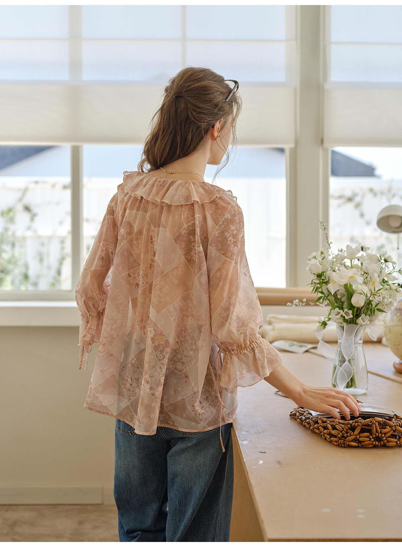 French Style Irregular Ruffle Chiffon Blouse Women 3/4 Sleeve Summer Casual Top