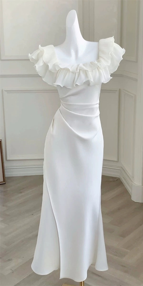 Ivory Ruffle-Neck Satin Mermaid Evening Dress - garment detail