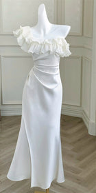 Ivory Ruffle-Neck Satin Mermaid Evening Dress - garment detail
