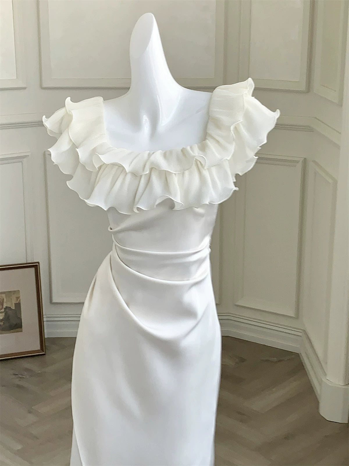 Ivory Ruffle-Neck Satin Mermaid Evening Dress - garment detail