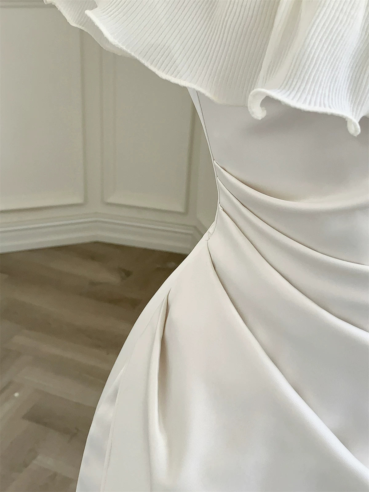 Ivory Ruffle-Neck Satin Mermaid Evening Dress - garment detail