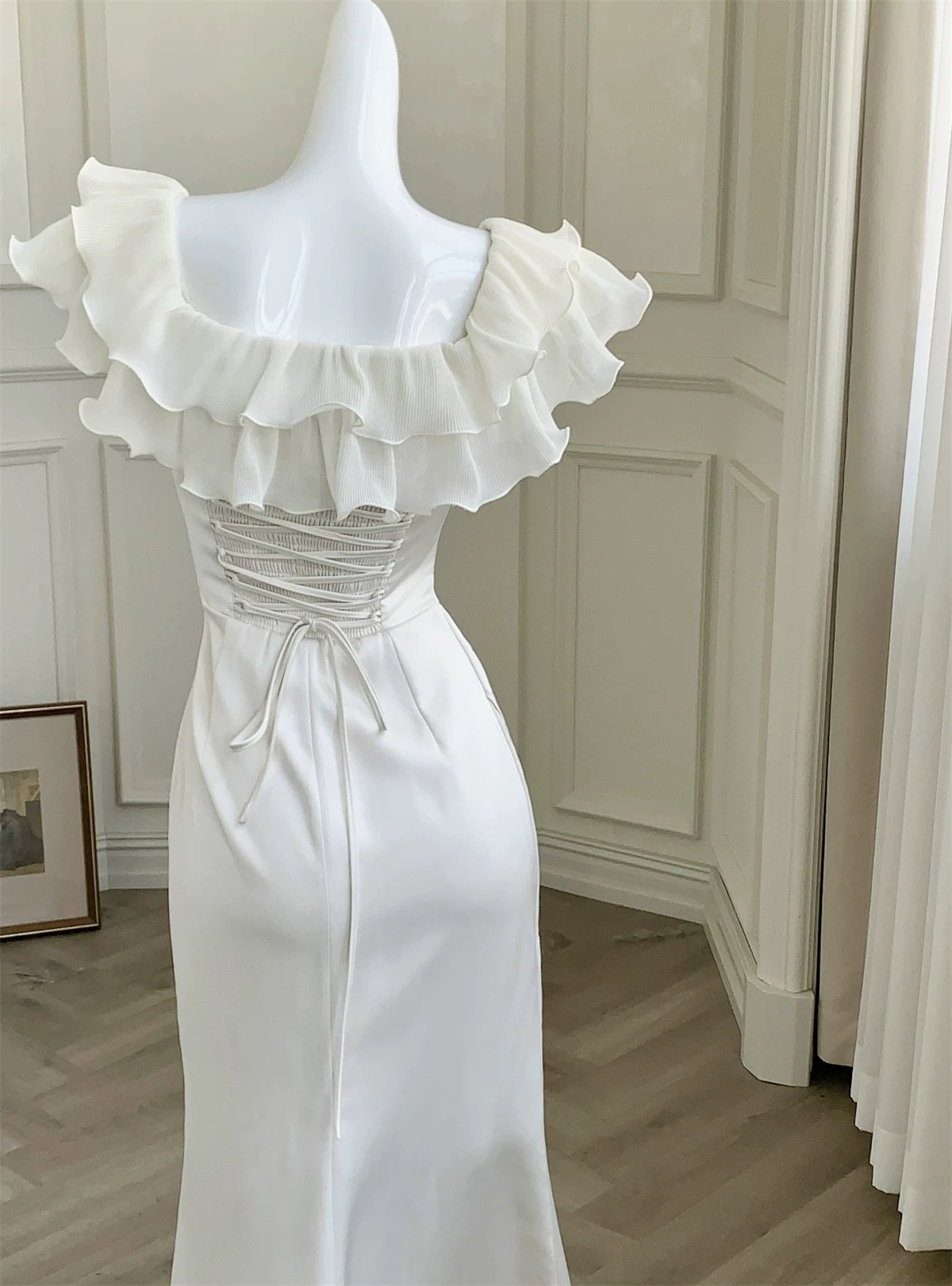 Ivory Ruffle-Neck Satin Mermaid Evening Dress - garment detail