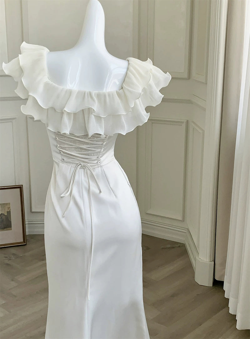 Ivory Ruffle-Neck Satin Mermaid Evening Dress - garment detail