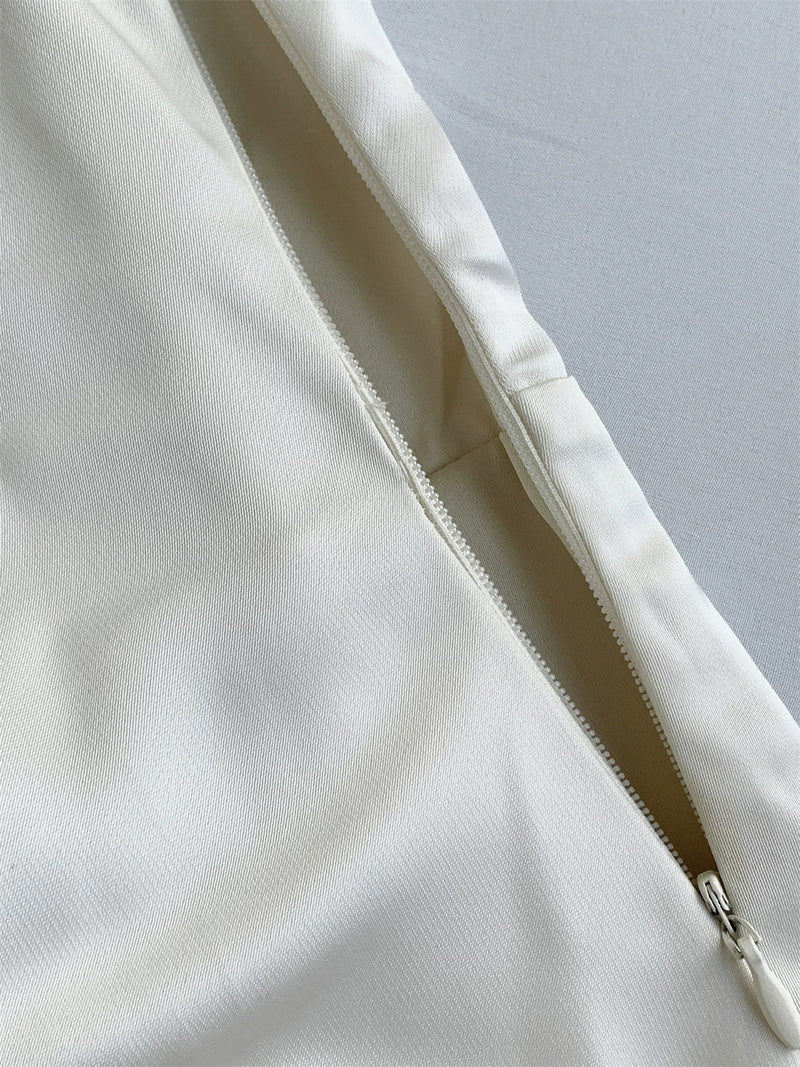 Ivory Ruffle-Neck Satin Mermaid Evening Dress - garment detail