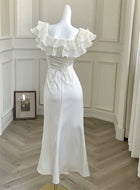 Ivory Ruffle-Neck Satin Mermaid Evening Dress - garment detail