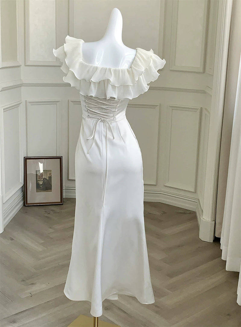 Ivory Ruffle-Neck Satin Mermaid Evening Dress - garment detail