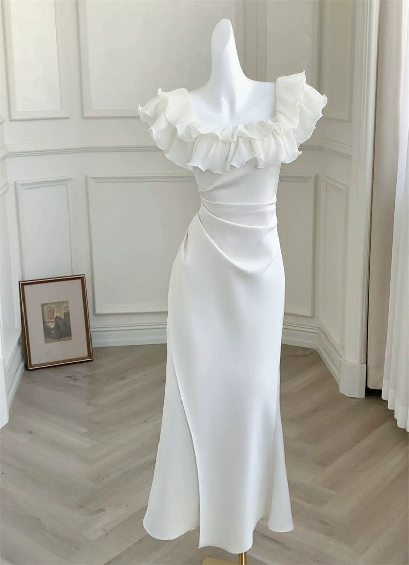 Ivory Ruffle-Neck Satin Mermaid Evening Dress - garment detail