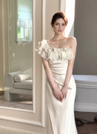 Ivory Ruffle-Neck Satin Mermaid Evening Dress - Ivory