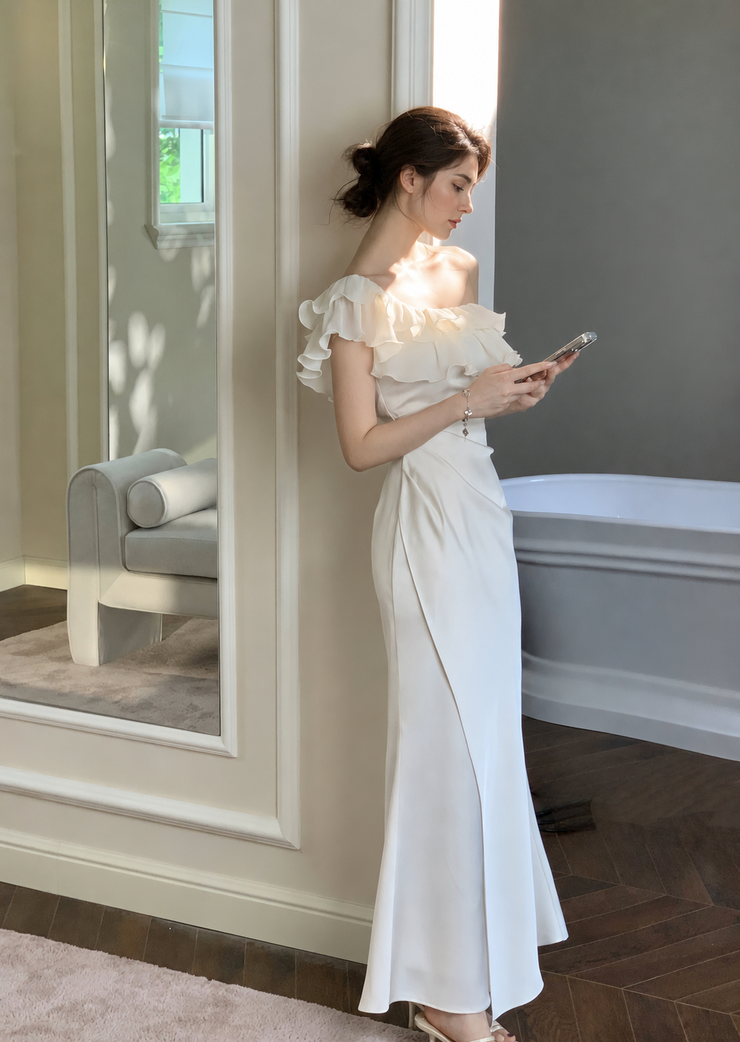 Ivory Ruffle-Neck Satin Mermaid Evening Dress - Ivory
