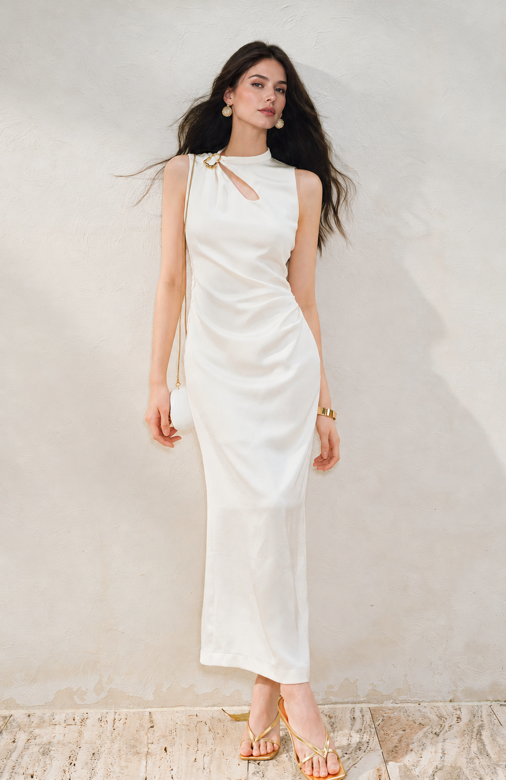 Keyhole Buckle Detail Ruched Maxi Dress - Ivory