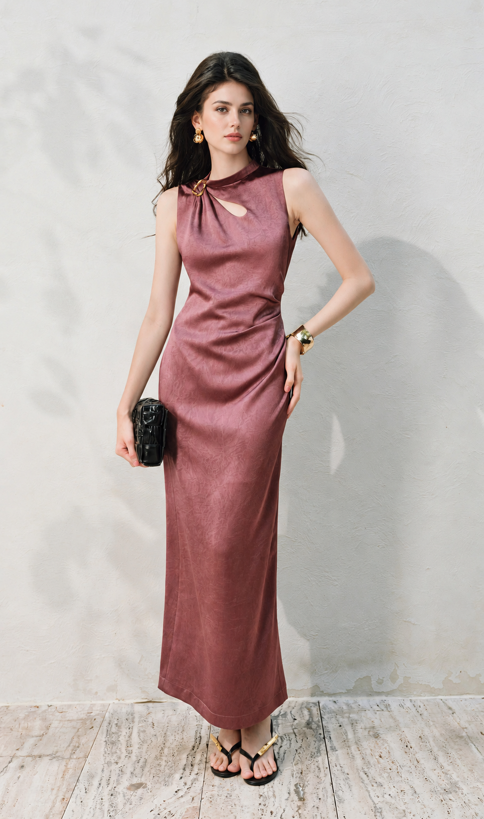 Keyhole Buckle Detail Ruched Maxi Dress - Purple