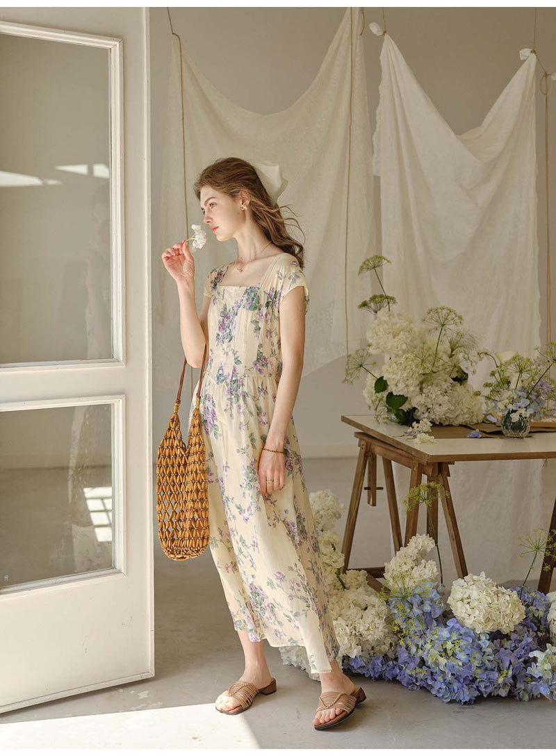 French Style Rose Floral Square Neck Lyocell Midi Dress